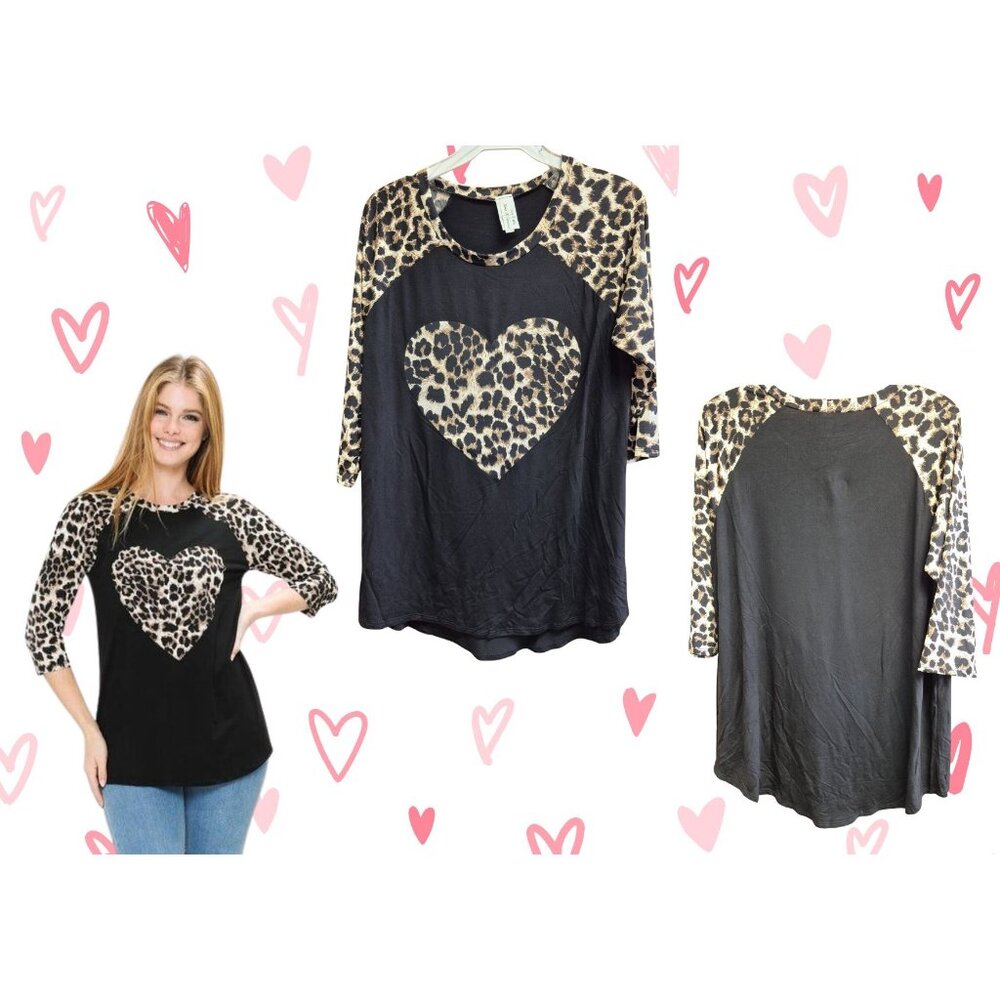 Now N Forever, Black Shirt, Animal Print Heart Small